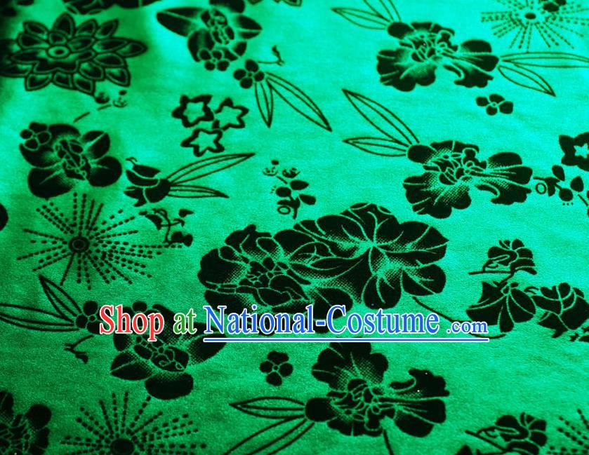 Chinese Traditional Flowers Pattern Design Green Flocking Fabric Velvet Cloth Asian Pleuche Material