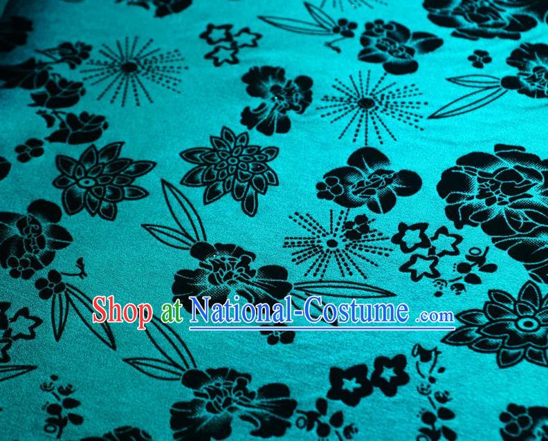 Chinese Traditional Flowers Pattern Design Lake Blue Flocking Fabric Velvet Cloth Asian Pleuche Material