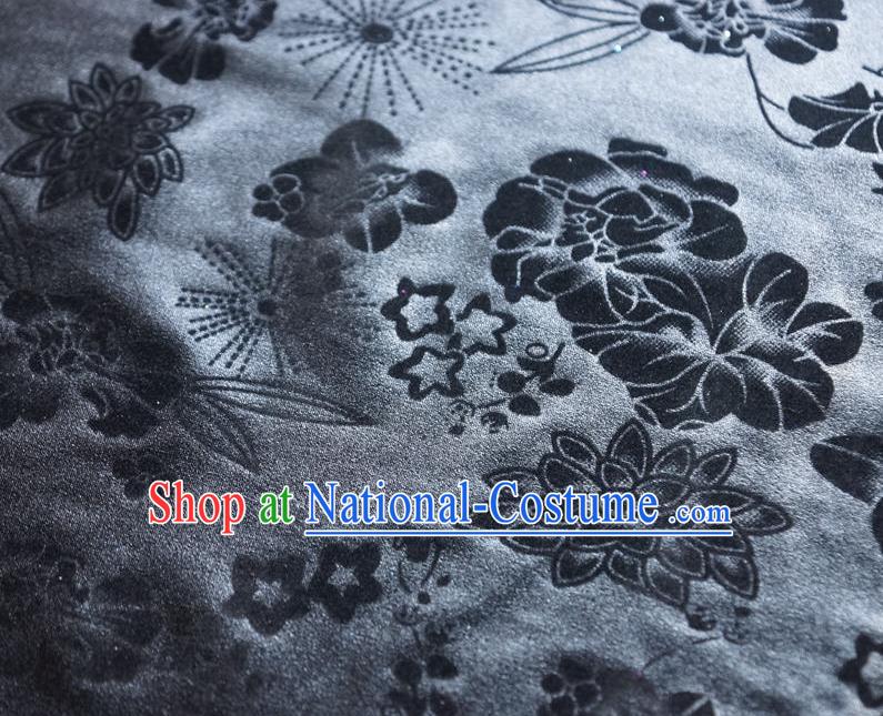 Chinese Traditional Flowers Pattern Design Black Flocking Fabric Velvet Cloth Asian Pleuche Material