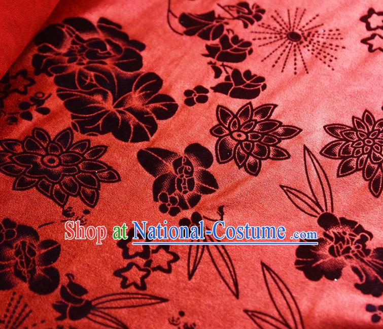 Chinese Traditional Flowers Pattern Design Red Flocking Fabric Velvet Cloth Asian Pleuche Material