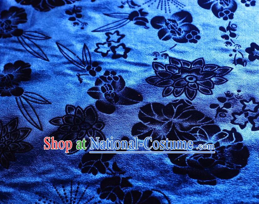 Chinese Traditional Flowers Pattern Design Royalblue Flocking Fabric Velvet Cloth Asian Pleuche Material