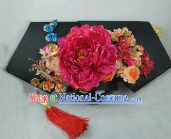 Chinese Traditional Qing Dynasty Queen Hair Accessories Rosy Peony Flag Bun Drama Ancient Imperial Concubine Headwear