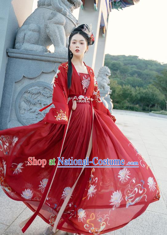 Chinese Ancient Princess Red Hanfu Dress Historical Costumes Traditional Tang Dynasty Royal Infanta Apparels Embroidered Cloak Blouse and Skirt Complete Set