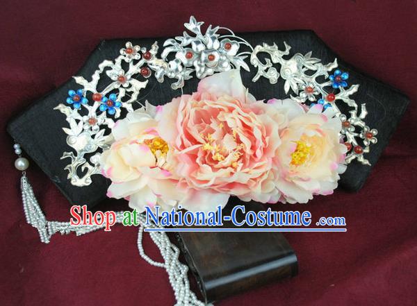 Chinese Traditional Qing Dynasty Royal Princess Pink Peony Hair Accessories Drama Treading On Thin Ice Ancient Court Maid Flag Bun Headwear