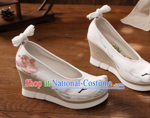 Chinese Traditional National Shoes White Cloth Shoes Embroidered Crane Peony Shoes Hanfu Shoes Women Shoes Wedge Heels Shoes