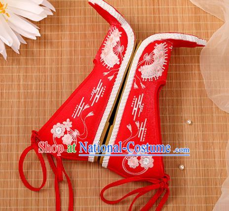 Chinese Ancient Princess Red Satin Embroidered Shoes Court Women Shoes Handmade Palace Lady Shoes Embroidery Shoes