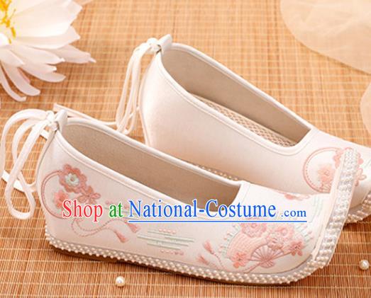 Chinese Ancient Princess White Satin Embroidered Shoes Court Women Shoes Handmade Palace Lady Shoes Embroidery Shoes