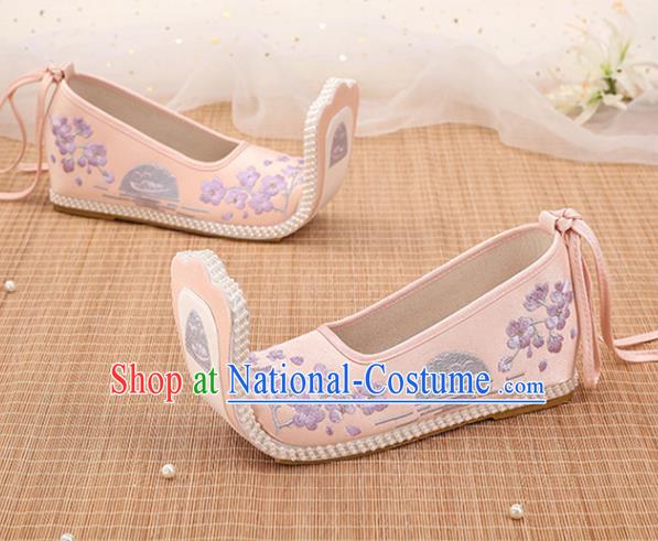 Chinese Ancient Embroidery Plum Blossom Pink Shoes Court Lady Shoes Embroidered Shoes Princess Satin Shoes Handmade Shoes