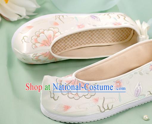 Chinese Traditional National Shoes White Cloth Shoes Embroidered Peony Shoes Hanfu Shoes Women Shoes Handmade Shoes