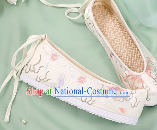 Chinese Traditional National Shoes White Cloth Shoes Embroidered Peony Shoes Hanfu Shoes Women Shoes Handmade Shoes