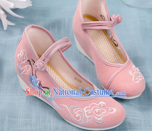 Chinese Traditional National Shoes Pink Cloth Shoes Embroidered Crane Cloud Shoes Hanfu Shoes Women Shoes Increased Within Shoes