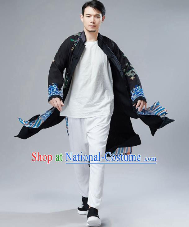 Chinese National Printing Dragon Black Chiffon Coat Traditional Tang Suit Outer Garment Overcoat Costume for Men