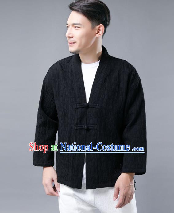 Chinese National Black Flax Jacket Traditional Tang Suit Outer Garment Overcoat Costume Coat for Men