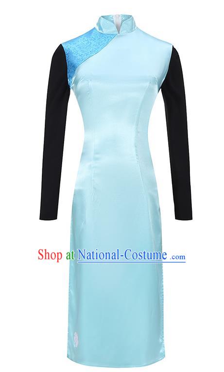 Traditional Chinese Qipao Dress Costumes China Cosplay Slim Blue Short Cheongsam for Women