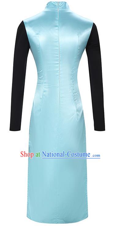 Traditional Chinese Qipao Dress Costumes China Cosplay Slim Blue Short Cheongsam for Women