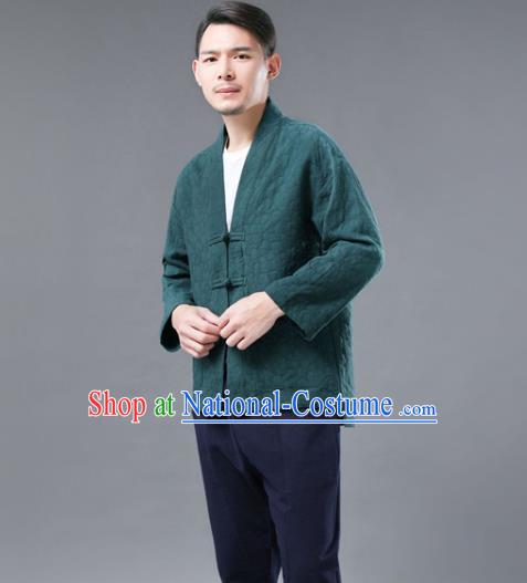 Chinese National Green Flax Jacket Traditional Tang Suit Outer Garment Overcoat Costume Coat for Men