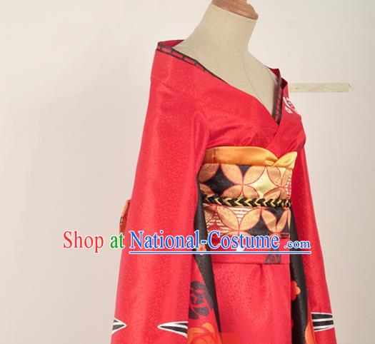 Traditional Japanese Geisha Costumes Japan Kimono Okuni Red Yukata Dress and Belt Complete Set for Women