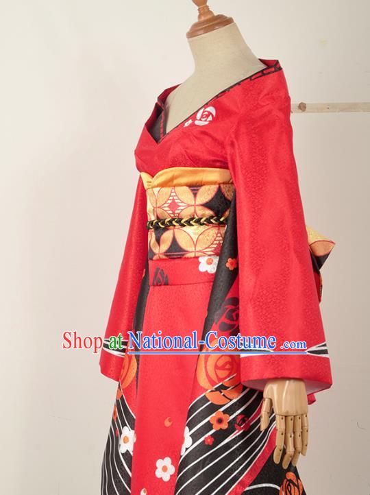 Traditional Japanese Geisha Costumes Japan Kimono Okuni Red Yukata Dress and Belt Complete Set for Women