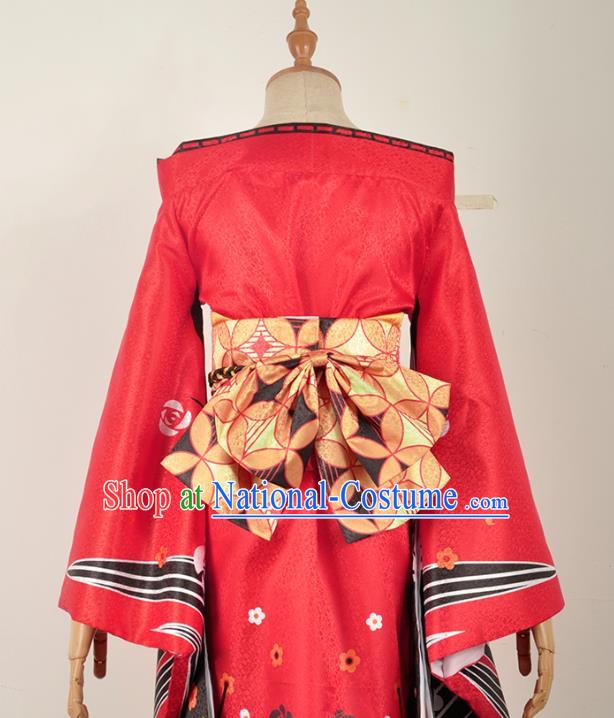 Traditional Japanese Geisha Costumes Japan Kimono Okuni Red Yukata Dress and Belt Complete Set for Women