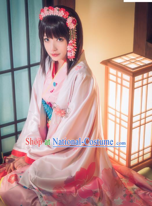 Traditional Japanese Court Costumes Japan Furisode Kimono Geisha Pink Yukata Dress and Belt Complete Set for Women