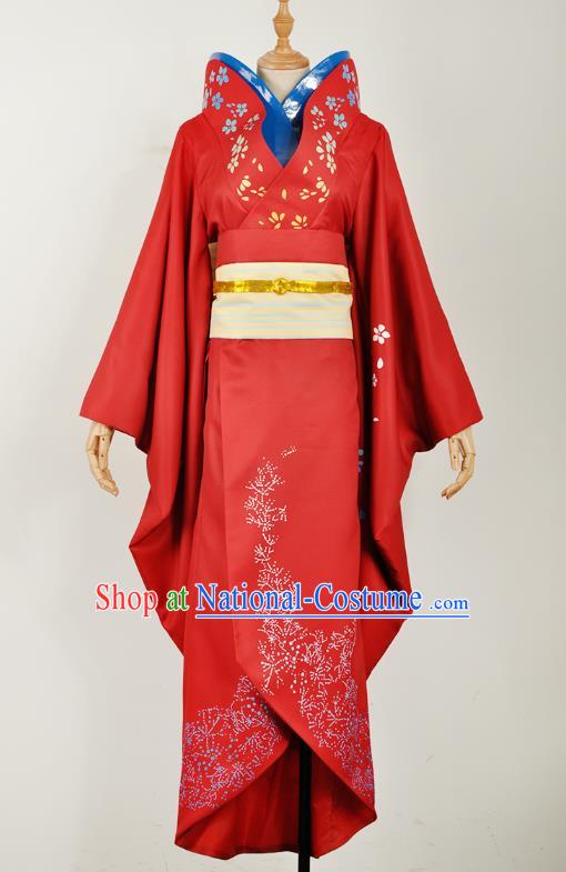 Traditional Japanese Court Wedding Costumes Japan Geisha Red Yukata Dress Furisode Kimono and Belt Complete Set for Women