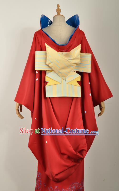 Traditional Japanese Court Wedding Costumes Japan Geisha Red Yukata Dress Furisode Kimono and Belt Complete Set for Women