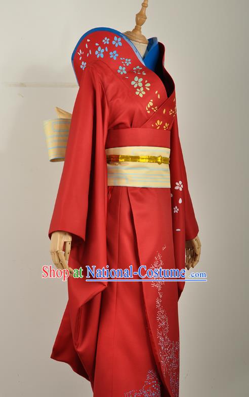 Traditional Japanese Court Wedding Costumes Japan Geisha Red Yukata Dress Furisode Kimono and Belt Complete Set for Women