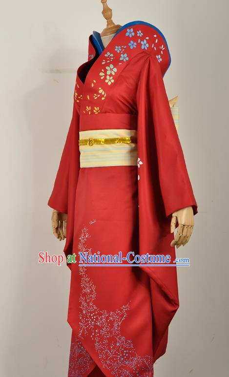 Traditional Japanese Court Wedding Costumes Japan Geisha Red Yukata Dress Furisode Kimono and Belt Complete Set for Women