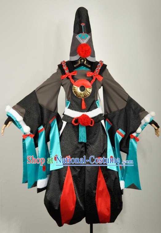 Traditional Japan Cosplay Female Swordsman Black Costumes Japanese Ancient Onmyoji Kimono Clothing and Headwear for Women