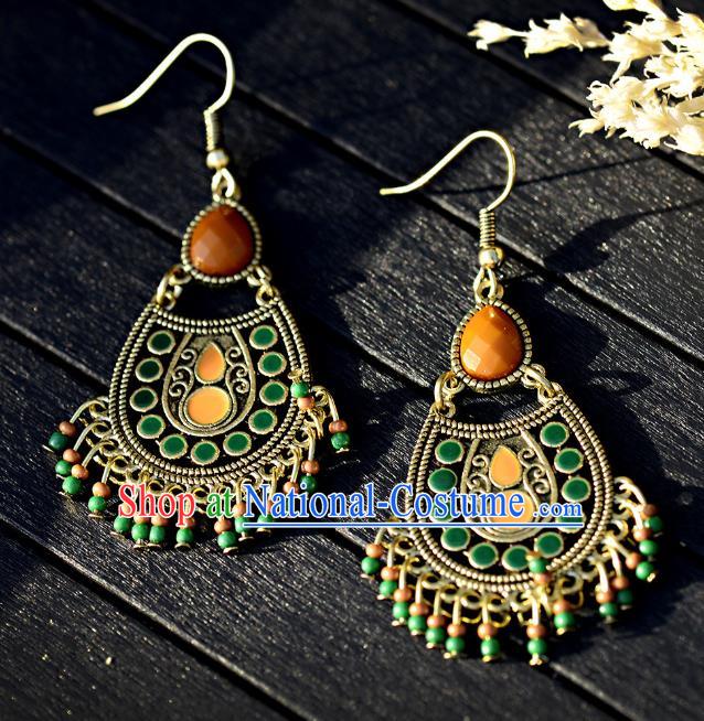 Asian India Traditional Green Tassel Eardrop Asia Indian Earrings Bollywood Dance Jewelry Accessories for Women