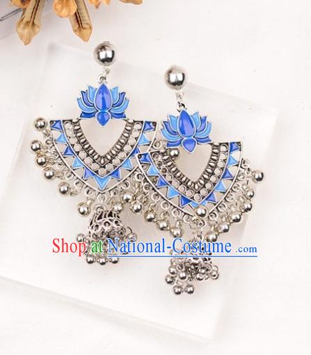 Asian India Traditional Blue Lotus Eardrop Asia Indian Earrings Bollywood Dance Jewelry Accessories for Women