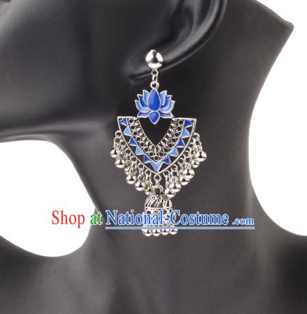 Asian India Traditional Blue Lotus Eardrop Asia Indian Earrings Bollywood Dance Jewelry Accessories for Women