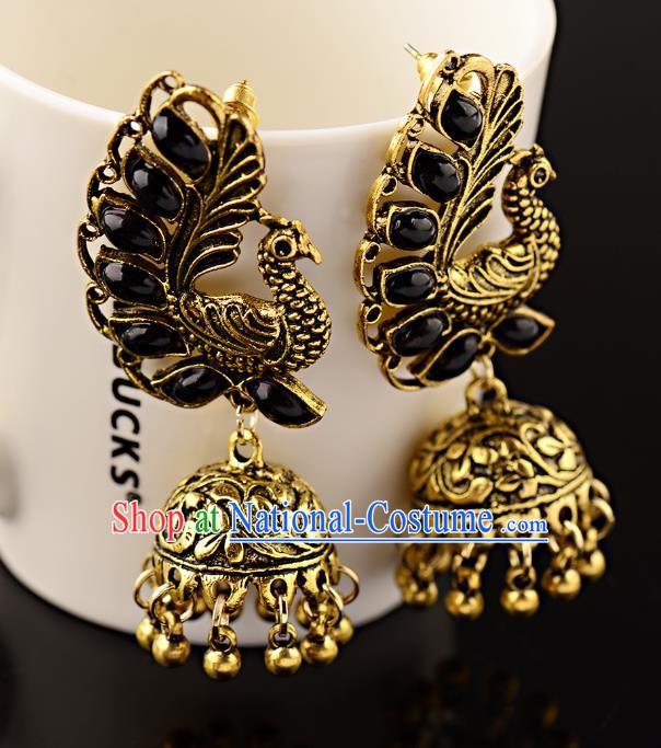 Asian India Traditional Black Gems Peacock Eardrop Asia Indian Bells Tassel Earrings Bollywood Dance Jewelry Accessories for Women