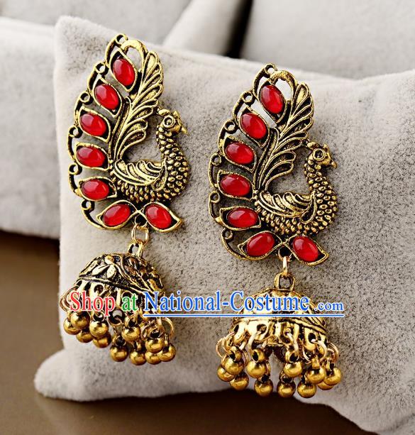 Asian India Traditional Red Gems Peacock Eardrop Asia Indian Bells Tassel Earrings Bollywood Dance Jewelry Accessories for Women