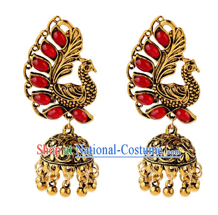 Asian India Traditional Red Gems Peacock Eardrop Asia Indian Bells Tassel Earrings Bollywood Dance Jewelry Accessories for Women