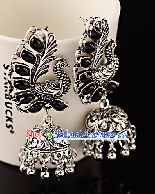 Asian India Traditional Black Gems Argent Peacock Eardrop Asia Indian Bells Tassel Earrings Bollywood Dance Jewelry Accessories for Women