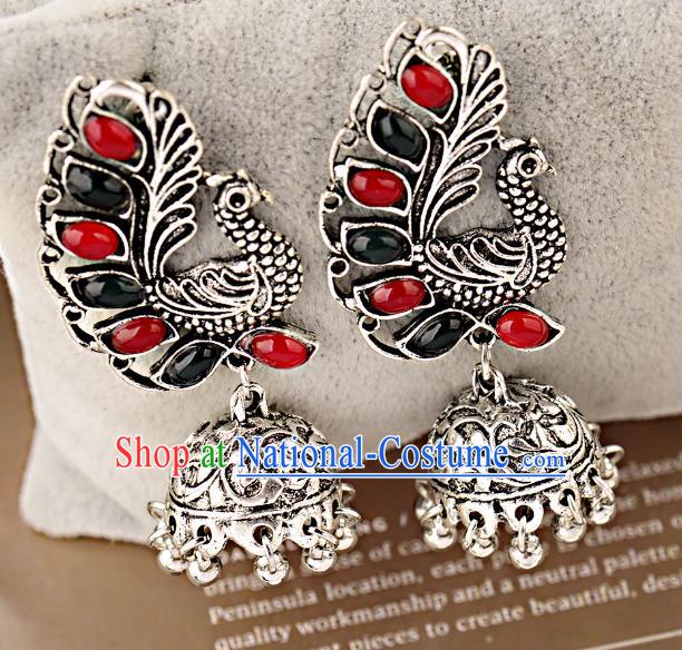 Asian India Traditional Gems Argent Peacock Eardrop Asia Indian Bells Tassel Earrings Bollywood Dance Jewelry Accessories for Women