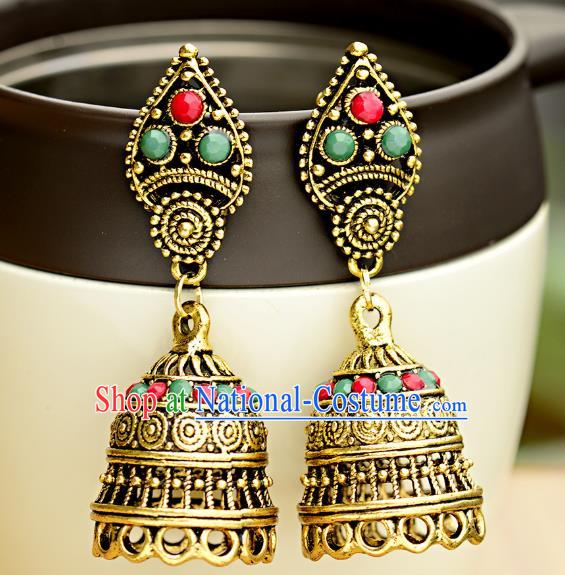 Asian India Traditional Golden Eardrop Asia Indian Colorful Beads Earrings Belly Dance Jewelry Accessories for Women