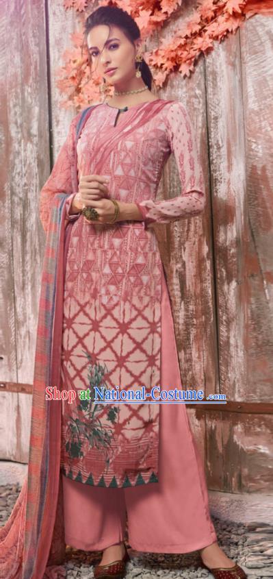 Asian India National Costumes Asia Indian Traditional Printing Pink Crepe Dress Sari and Loose Pants for Women