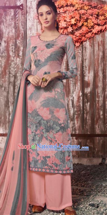 Asian India National Costumes Asia Indian Traditional Printing Leaf Pink Crepe Dress Sari and Loose Pants for Women