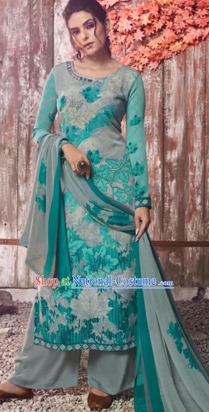 Asian India National Costumes Asia Indian Traditional Printing Leaf Gray Green Crepe Dress Sari and Loose Pants for Women