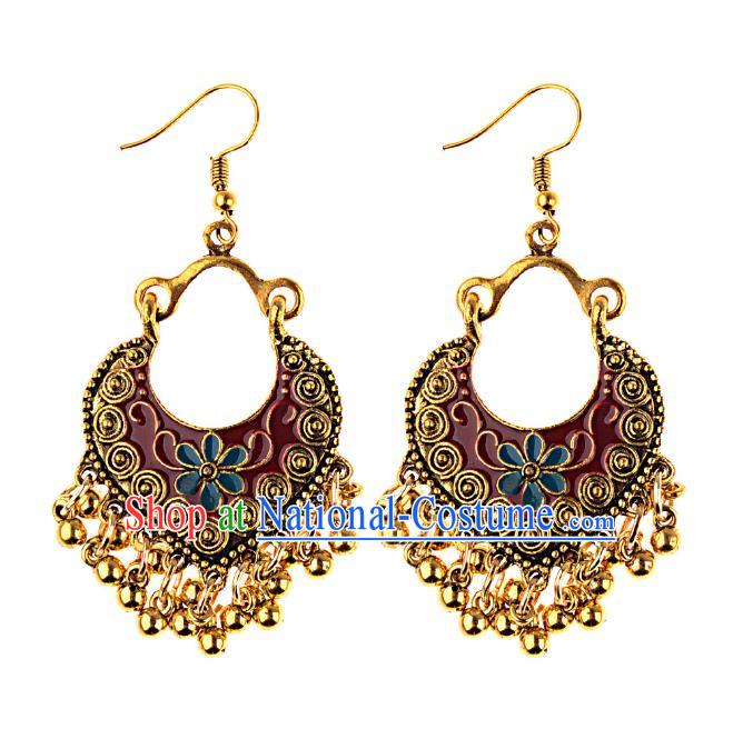 Asian India Traditional Red Eardrop Asia Indian Golden Tassel Earrings Belly Dance Jewelry Accessories for Women