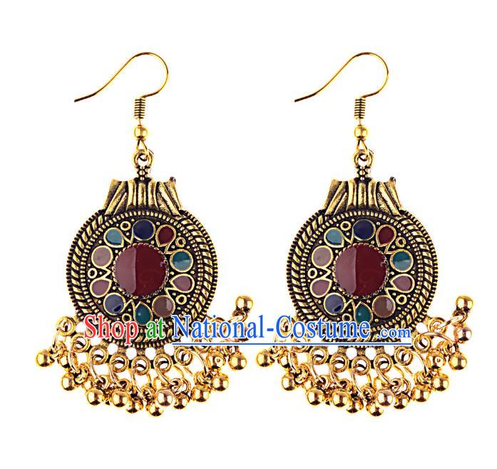 Asian India Traditional Golden Bells Tassel Eardrop Asia Indian Colorful Earrings Belly Dance Jewelry Accessories for Women