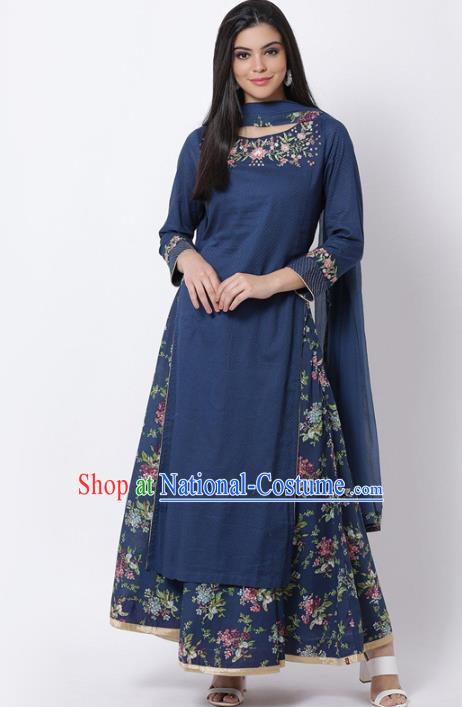 Asian India National Embroidered Costumes Asia Indian Traditional Navy Cotton Dress Sari and Loose Pants for Women