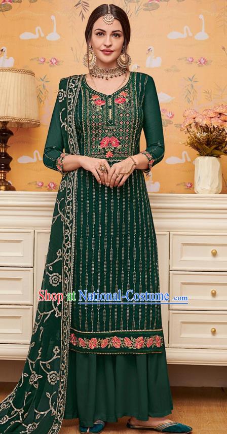 Asian India National Embroidered Punjab Costumes Asia Indian Traditional Green Faux Georgette Dress Sari and Loose Pants for Women