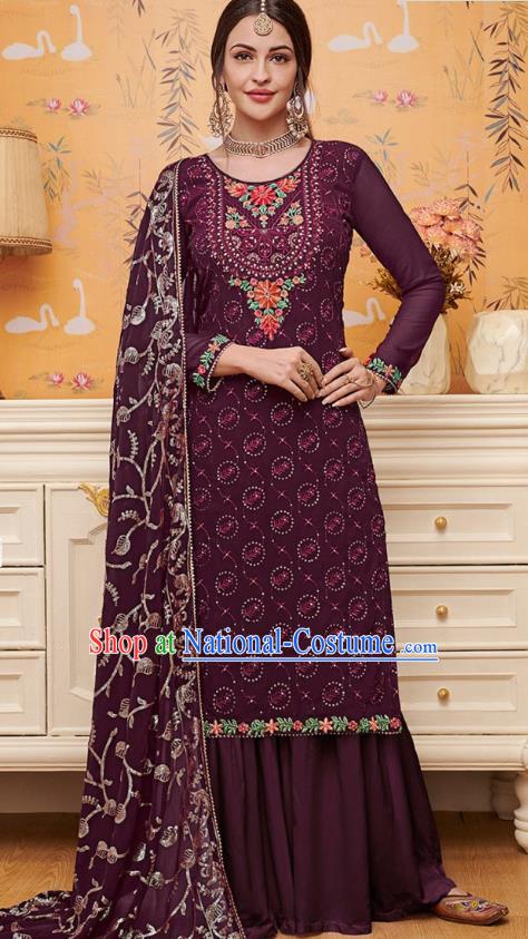 Asian India National Embroidered Punjab Costumes Asia Indian Traditional Purple Faux Georgette Dress Sari and Loose Pants for Women