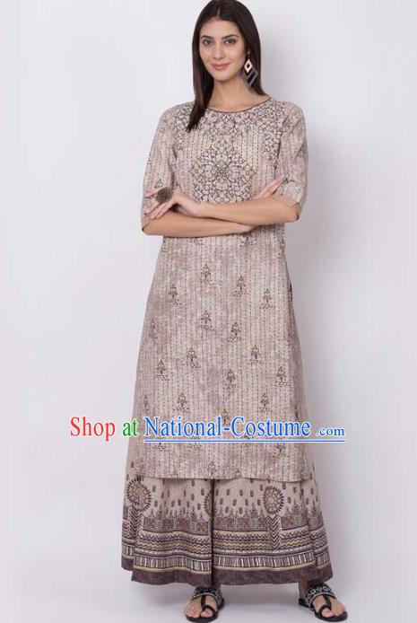 Asian India National Light Brown Long Shirt Costumes Asia Indian Traditional Printing Cotton Blouse for Women