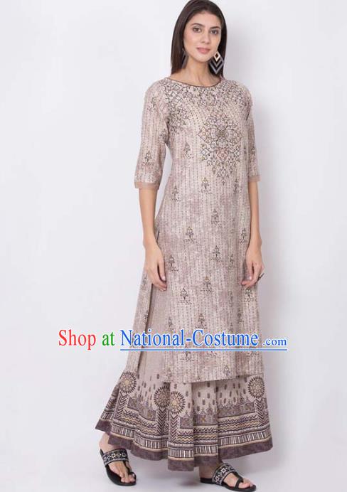 Asian India National Light Brown Long Shirt Costumes Asia Indian Traditional Printing Cotton Blouse for Women