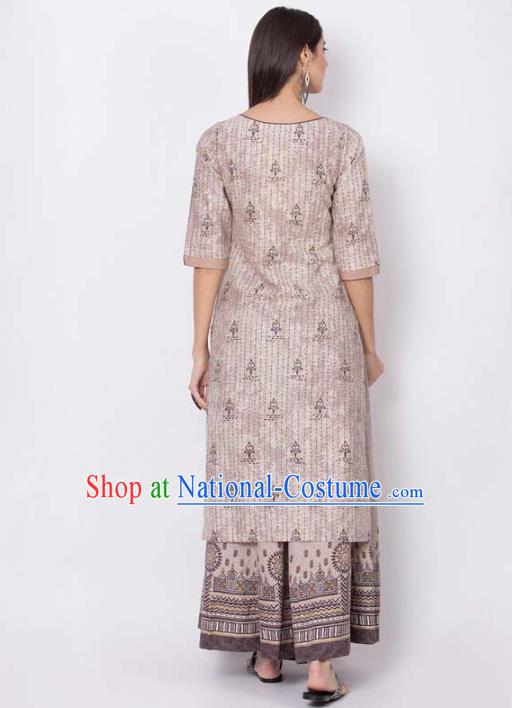 Asian India National Light Brown Long Shirt Costumes Asia Indian Traditional Printing Cotton Blouse for Women