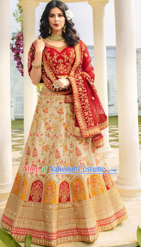 Asian India National Embroidered Lehenga Costumes Asia Indian Bride Traditional Red Satin Blouse and Beige Skirt Sari for Women